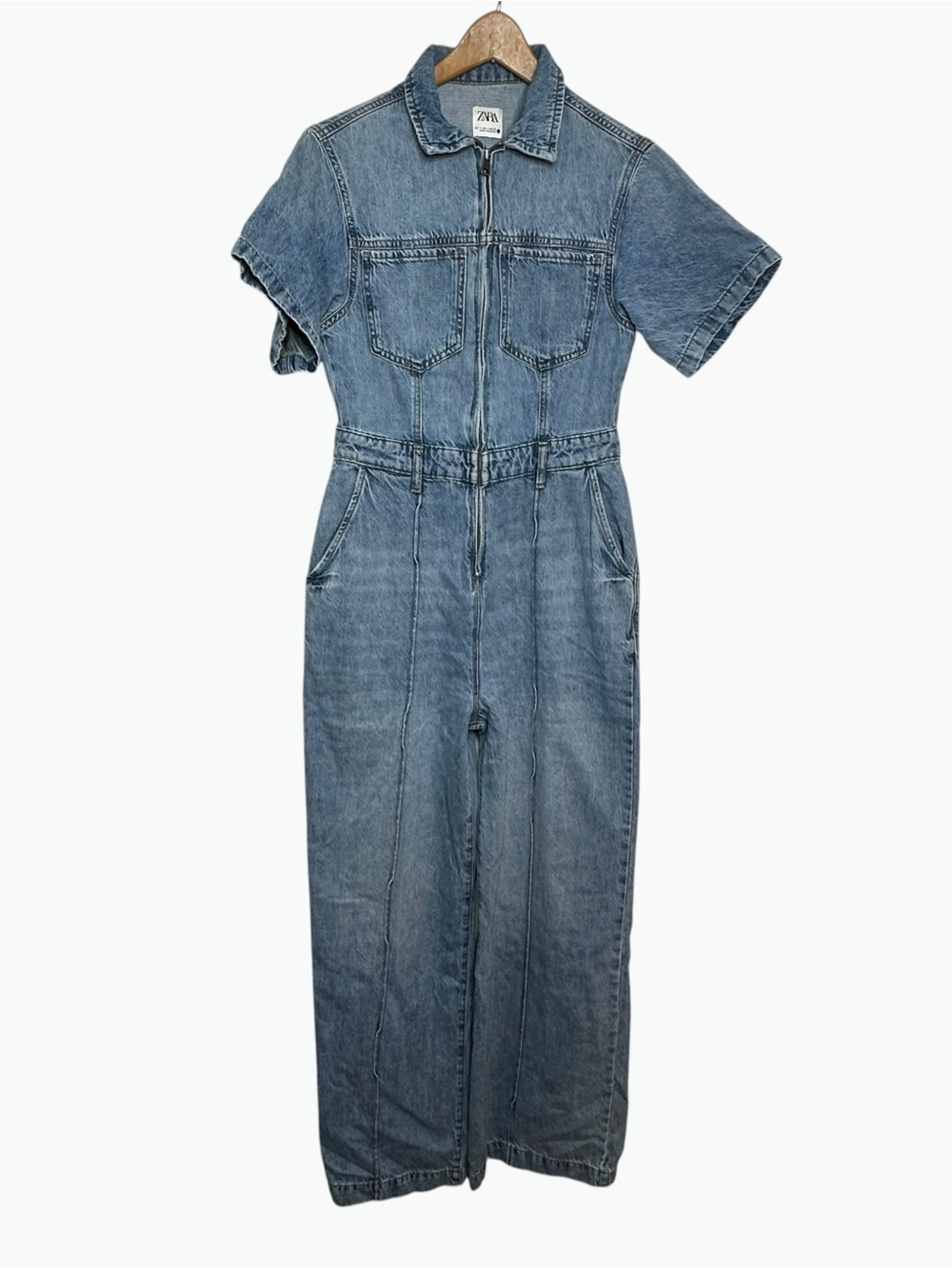 ZARA Light Wash Denim Zip Front Jumpsuit Medium Short Sleeve Seam Wide Leg